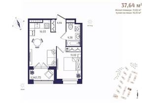 ЖК «Ranta Residence», планировка 1-комнатной квартиры, 37.64 м²