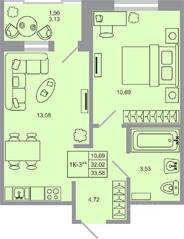 ЖК «Стороны света-2», планировка 1-комнатной квартиры, 33.58 м²