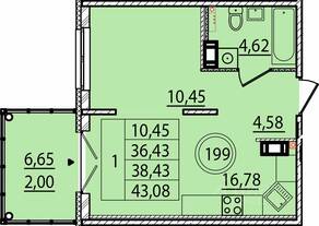 МЖК «Образцовый квартал 15», планировка 1-комнатной квартиры, 36.43 м²
