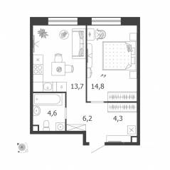 ЖК «Жилой квартал Shagal», планировка 1-комнатной квартиры, 43.60 м²