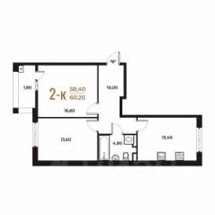 ЖК «Новое Летово», планировка 2-комнатной квартиры, 60.20 м²