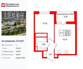 ЖК «Город звезд», планировка 1-комнатной квартиры, 32.42 м²