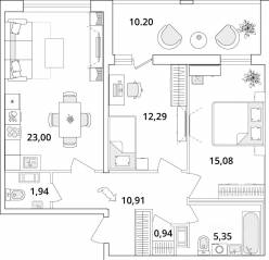 ЖК «Cube», планировка 2-комнатной квартиры, 74.90 м²