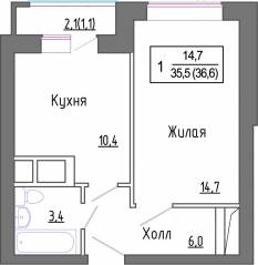 МЖК «Новое Замитино», планировка 1-комнатной квартиры, 35.90 м²