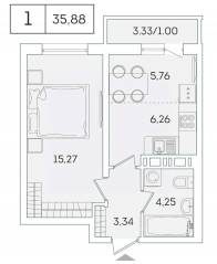 ЖК «Lampo», планировка 1-комнатной квартиры, 35.10 м²