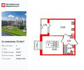 ЖК «Парадный ансамбль», планировка 1-комнатной квартиры, 35.66 м²