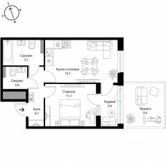 МЖК «Экография», планировка 1-комнатной квартиры, 44.00 м²