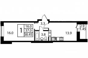 ЖК «Космос», планировка 1-комнатной квартиры, 38.45 м²