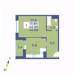 ЖК «Эдельвейс» (ЦентрСтрой), планировка 1-комнатной квартиры, 44.60 м²
