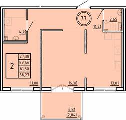 МЖК «Образцовый квартал 16», планировка 2-комнатной квартиры, 59.46 м²