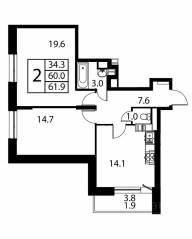 ЖК «Космос», планировка 2-комнатной квартиры, 61.90 м²