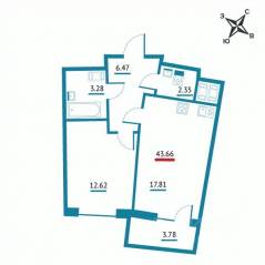 ЖК «Левитан», планировка 1-комнатной квартиры, 43.66 м²
