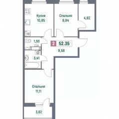 ЖК «Фотограф», планировка 2-комнатной квартиры, 52.35 м²