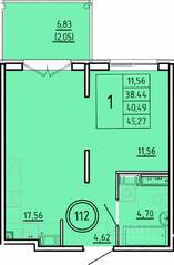 МЖК «Образцовый квартал 16», планировка 1-комнатной квартиры, 38.44 м²