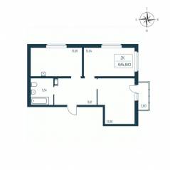 ЖК «Расцветай в Янино», планировка 2-комнатной квартиры, 55.50 м²