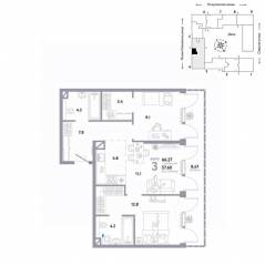 ЖК «Страна.Озерная», планировка 3-комнатной квартиры, 66.27 м²
