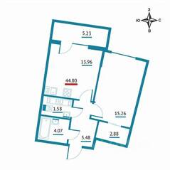 ЖК «Левитан», планировка 1-комнатной квартиры, 44.80 м²