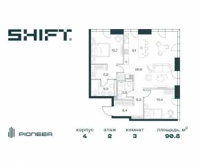 ЖК «SHIFT», планировка 3-комнатной квартиры, 90.80 м²