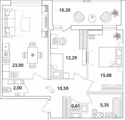 ЖК «Cube», планировка 2-комнатной квартиры, 74.10 м²