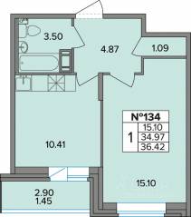 ЖК «Смарт», планировка 1-комнатной квартиры, 36.42 м²