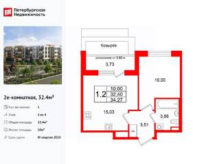 МЖК «Универ Сити», планировка 1-комнатной квартиры, 32.40 м²