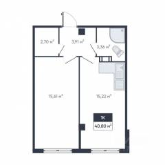 ЖК «Ромашки», планировка 1-комнатной квартиры, 40.80 м²