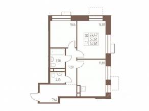 ЖК «Западная Ивантеевка», планировка 2-комнатной квартиры, 57.60 м²