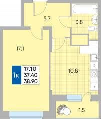 ЖК «Самоцветы мира», планировка 1-комнатной квартиры, 38.90 м²