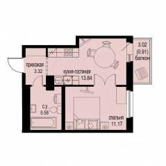 ЖК «ID Murino III», планировка 1-комнатной квартиры, 34.82 м²