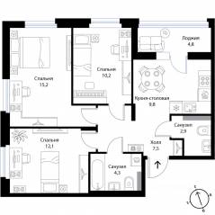 МЖК «Экография», планировка 3-комнатной квартиры, 64.40 м²