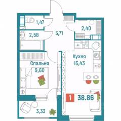 ЖК «Графика», планировка 1-комнатной квартиры, 38.86 м²