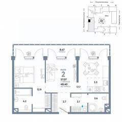 ЖК «Страна.Озерная», планировка 2-комнатной квартиры, 57.07 м²