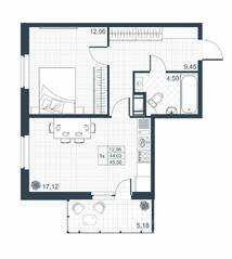 ЖК «Ново-Антропшино», планировка 1-комнатной квартиры, 44.30 м²