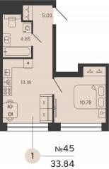 ЖК «Bashni Element», планировка 1-комнатной квартиры, 33.84 м²