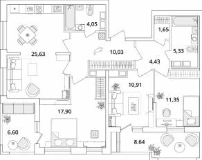 ЖК «Cube», планировка 3-комнатной квартиры, 99.00 м²