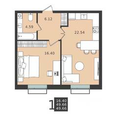 ЖК «Мишино-2», планировка 1-комнатной квартиры, 49.66 м²