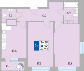 ЖК «Самоцветы мира», планировка 2-комнатной квартиры, 67.90 м²
