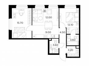 ЖК «Квартал Белый Град», планировка 3-комнатной квартиры, 63.70 м²