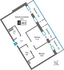 ЖК «Отрада на реке», планировка 2-комнатной квартиры, 64.30 м²