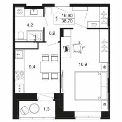 ЖК «Времена года», планировка 1-комнатной квартиры, 38.70 м²