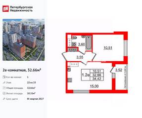 ЖК «Город звезд», планировка 1-комнатной квартиры, 32.66 м²