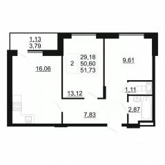 ЖК «Рубеж», планировка 2-комнатной квартиры, 51.73 м²