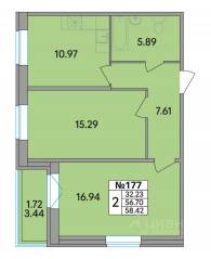 ЖК «Рождественский квартал», планировка 2-комнатной квартиры, 58.42 м²