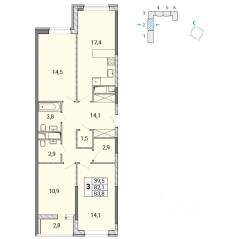 ЖК «Центр-2», планировка 2-комнатной квартиры, 57.00 м²