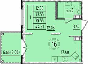 МЖК «Образцовый квартал 17», планировка 1-комнатной квартиры, 37.55 м²