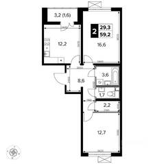 ЖК «Южная Битца», планировка 2-комнатной квартиры, 60.30 м²