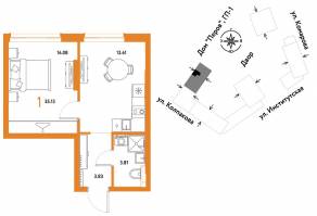 ЖК «Страна.Парковая», планировка 1-комнатной квартиры, 35.13 м²