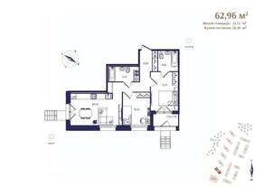ЖК «Ranta Residence», планировка 2-комнатной квартиры, 62.96 м²