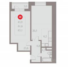 ЖК «Отлично», планировка 2-комнатной квартиры, 63.10 м²
