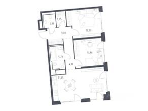 ЖК «Квартал на воде», планировка 2-комнатной квартиры, 62.47 м²